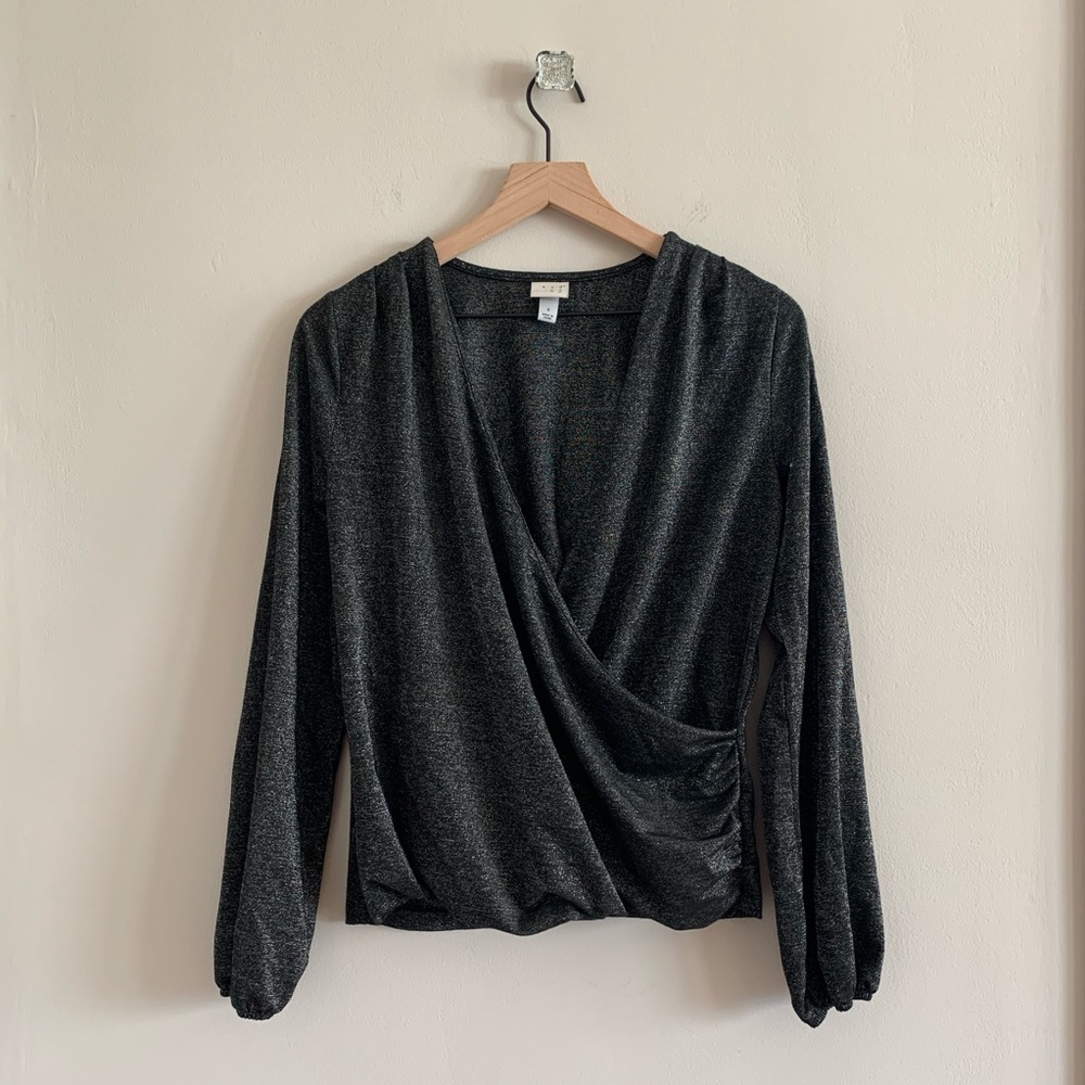 Silver sparkly long sleeved wrap top